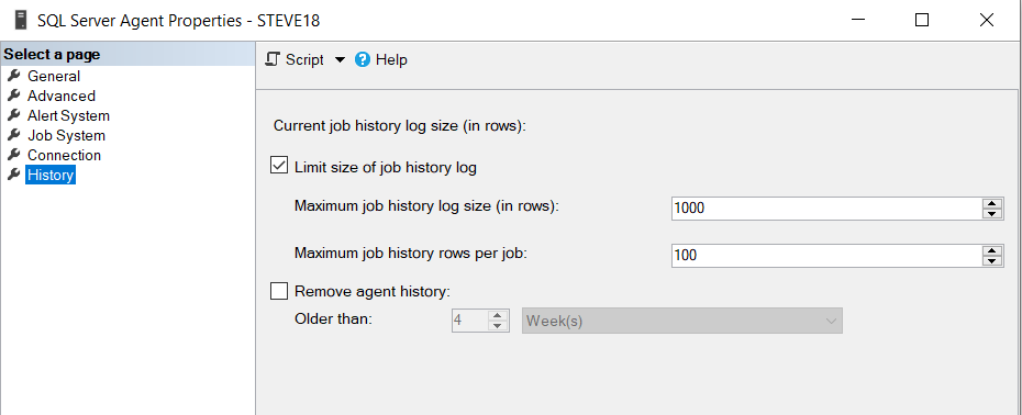 Checking job history log size with TSQL