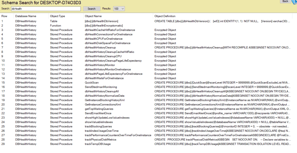 a chart showing Schema Search function  in Database health monitor