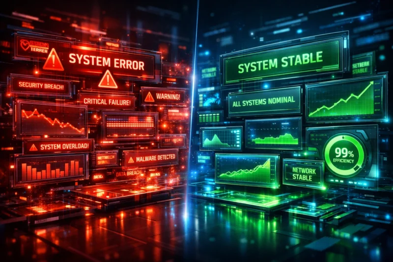 SQL Server database monitoring dashboard showing automated alerts vs manual checks comparison