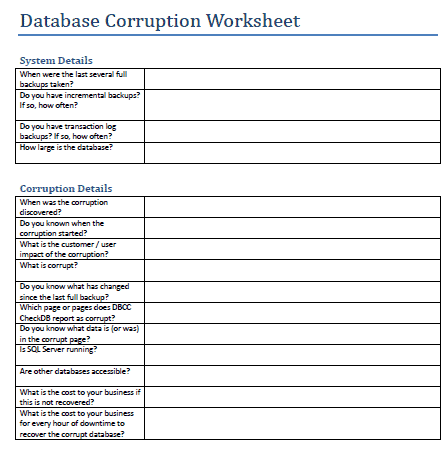 Database Corruption Worksheet - Steve Stedman